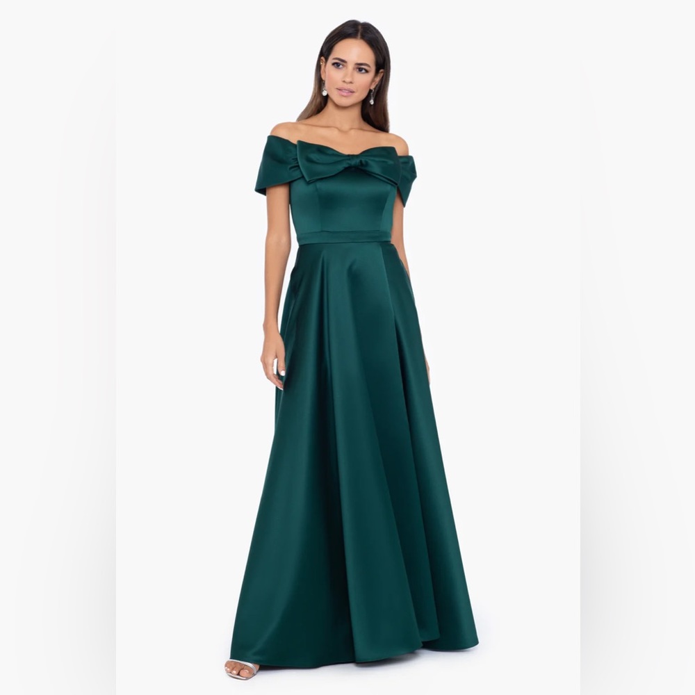 "SYDNEY" LONG LAMOUR OFF THE SHOULDER BOW BALL GOWN in Hunter Green
